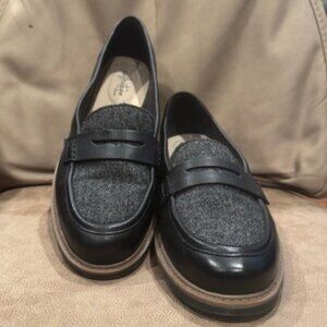 Clarks Raisie Eletta Black Leather Tweed Penny Loafer Shoes Women's Size 9 M